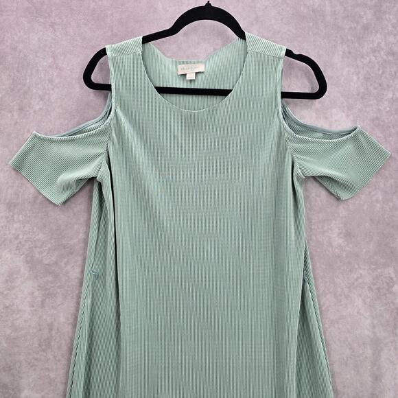 Belle Sky Green Mint Pleated Cold Short Shoulder Knee Length Boho Dress Large - Picture 3 of 8